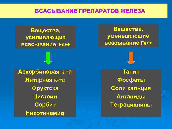  ВСАСЫВАНИЕ ПРЕПАРАТОВ ЖЕЛЕЗА Вещества, усиливающие всасывание Fe++ Аскорбиновая к-та Янтарная к-та Фруктоза Цистеин