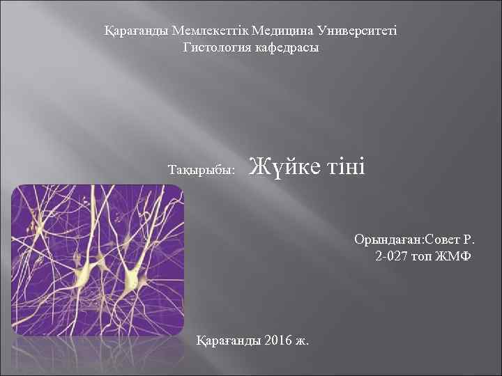 Қарағанды Мемлекеттік Медицина Университеті Гистология кафедрасы Тақырыбы: Жүйке тіні Орындаған: Совет Р. 2 -027