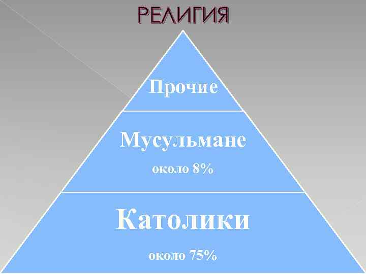 РЕЛИГИЯ Прочие Мусульмане около 8% Католики около 75% 