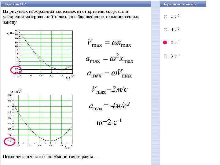 Vmax=2 м/c amax= 4 м/c 2 ω=2 c-1 