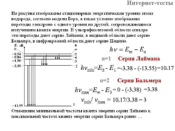 Интернет-тесты n=1 Серия Лаймана hνmin=E 2 - E 1 =-3. 38 - (-13. 55)