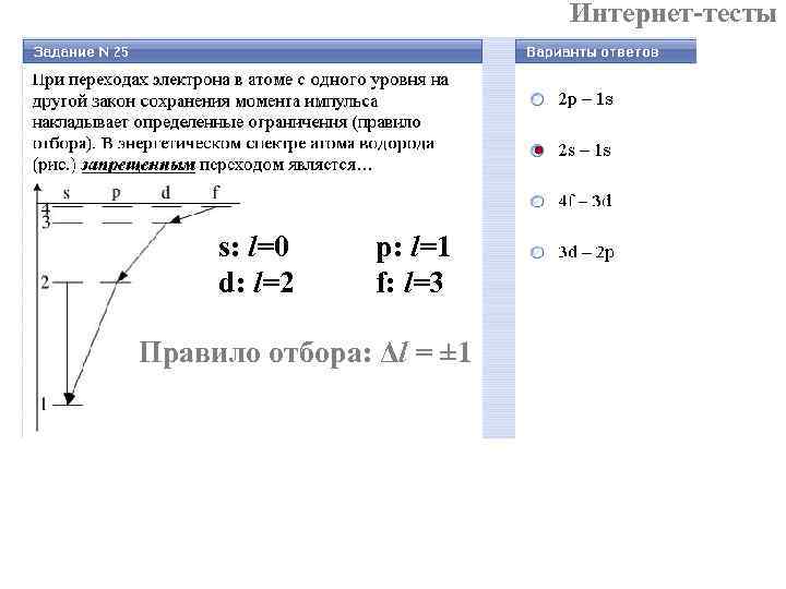 Интернет-тесты s: l=0 d: l=2 p: l=1 f: l=3 Правило отбора: Δl = ±
