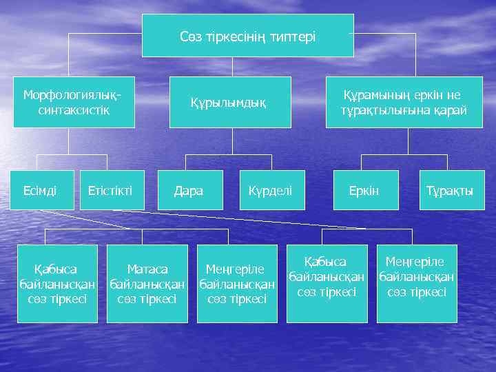 Сөз тіркесінің типтері Морфологиялықсинтаксистік Есімді Етістікті Қабыса байланысқан сөз тіркесі Құрамының еркін не тұрақтылығына