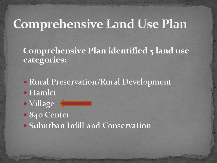 Comprehensive Land Use Plan Comprehensive Plan identified 5 land use categories: Rural Preservation/Rural Development