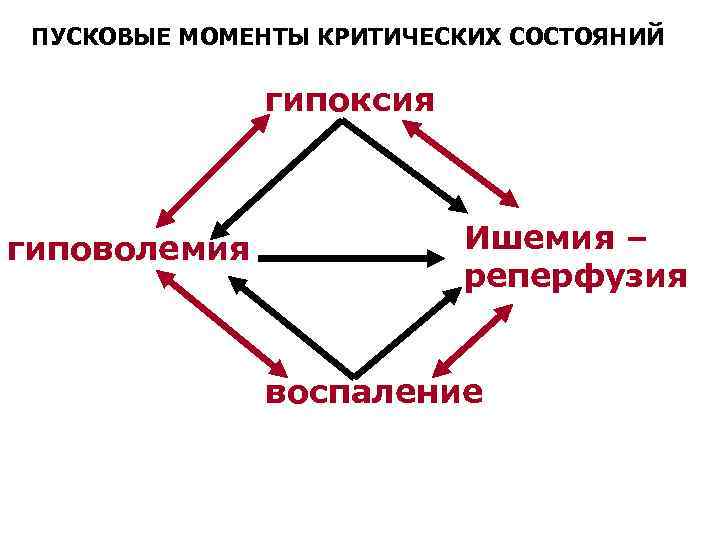 ПУСКОВЫЕ МОМЕНТЫ КРИТИЧЕСКИХ СОСТОЯНИЙ гипоксия гиповолемия Ишемия – реперфузия воспаление 