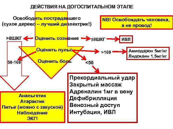 ДЕЙСТВИЯ НА ДОГОСПИТАЛЬНОМ ЭТАПЕ Освободить пострадавшего (сухое дерево – лучший диэлектрик!) >8 ШКГ Оценить