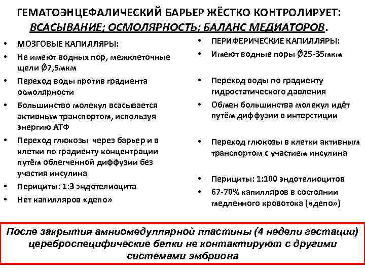 ГЕМАТОЭНЦЕФАЛИЧЕСКИЙ БАРЬЕР ЖЁСТКО КОНТРОЛИРУЕТ: ВСАСЫВАНИЕ; ОСМОЛЯРНОСТЬ; БАЛАНС МЕДИАТОРОВ. • • МОЗГОВЫЕ КАПИЛЛЯРЫ: Не имеют