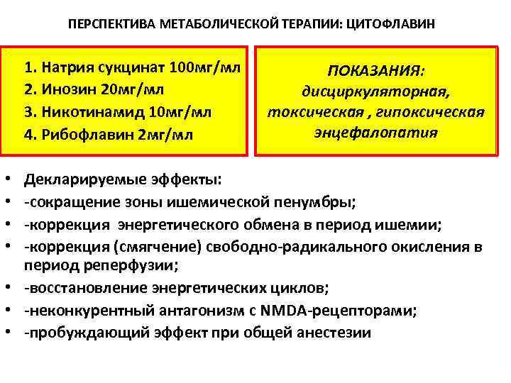 ПЕРСПЕКТИВА МЕТАБОЛИЧЕСКОЙ ТЕРАПИИ: ЦИТОФЛАВИН 1. Натрия сукцинат 100 мг/мл 2. Инозин 20 мг/мл 3.