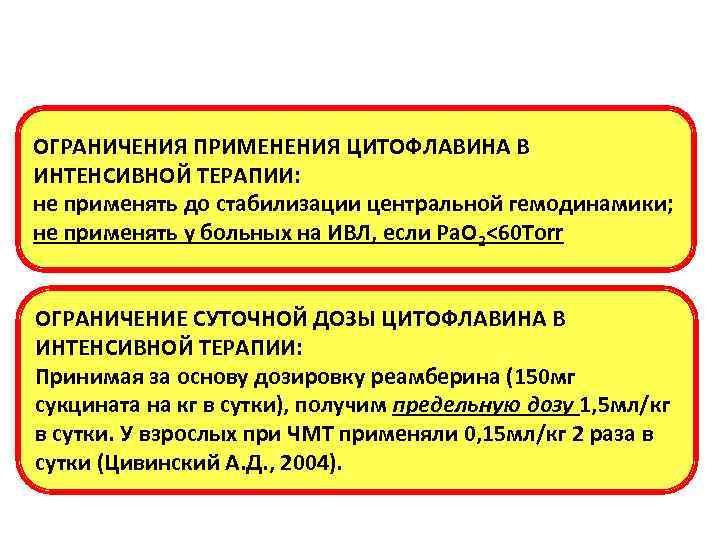 ОГРАНИЧЕНИЯ ПРИМЕНЕНИЯ ЦИТОФЛАВИНА В ИНТЕНСИВНОЙ ТЕРАПИИ: не применять до стабилизации центральной гемодинамики; не применять