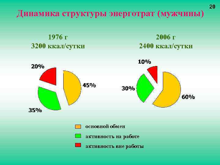 Динамика структуры энерготрат (мужчины) 1976 г 3200 ккал/сутки 2006 г 2400 ккал/сутки основной обмен