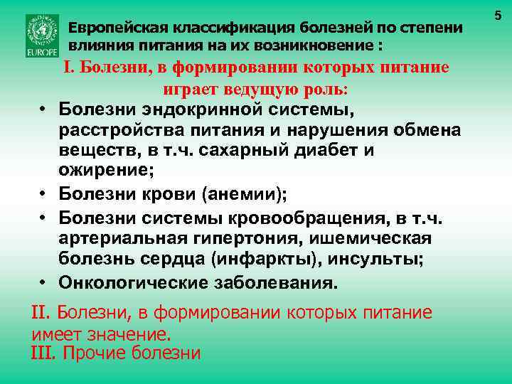 Европейская классификация болезней по степени влияния питания на их возникновение : • • I.