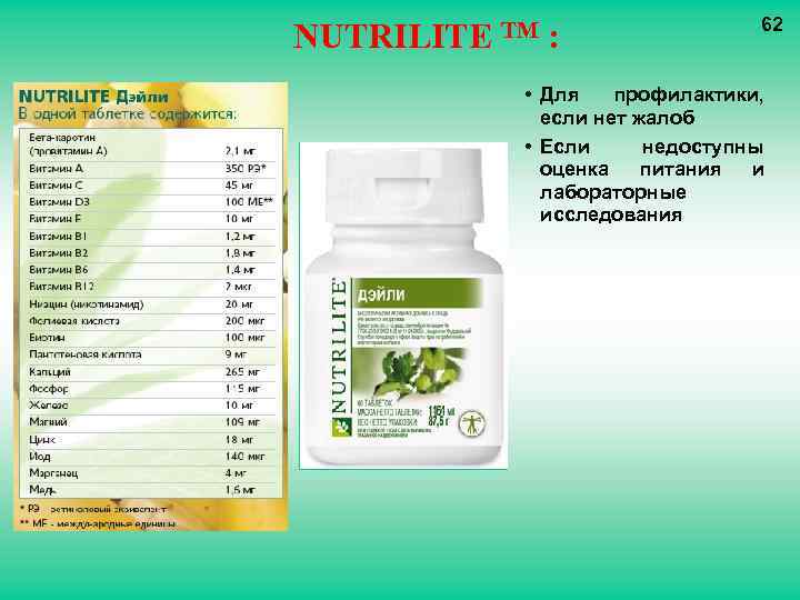 NUTRILITE TM : 62 • Для профилактики, если нет жалоб • Если недоступны оценка