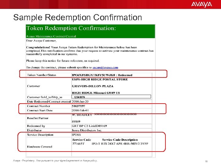 Sample Redemption Confirmation 12345678 xxxxxxxxxxxxx Avaya - Proprietary. Use pursuant to your signed agreement