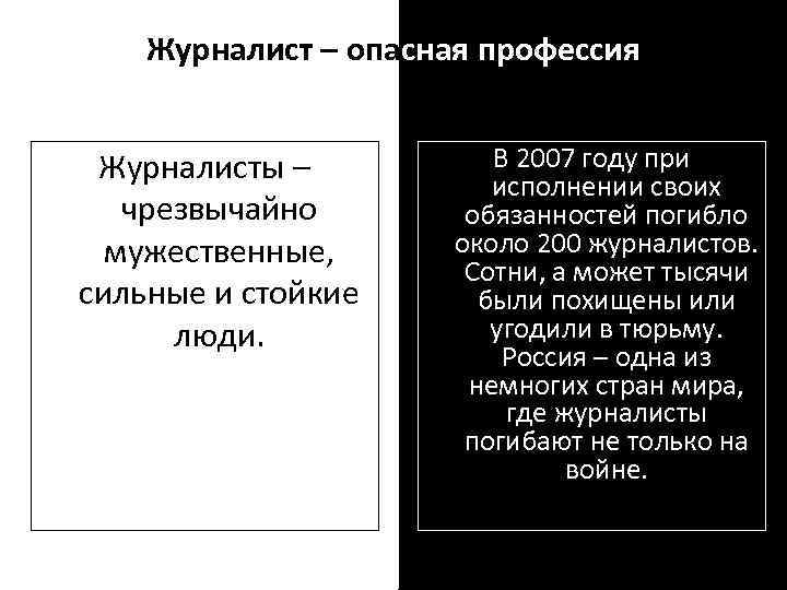 Журналист – опасная профессия Журналисты – чрезвычайно мужественные, сильные и стойкие люди. В 2007