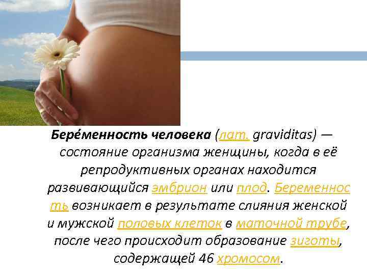 Бере менность человека (лат. graviditas) — состояние организма женщины, когда в её репродуктивных органах