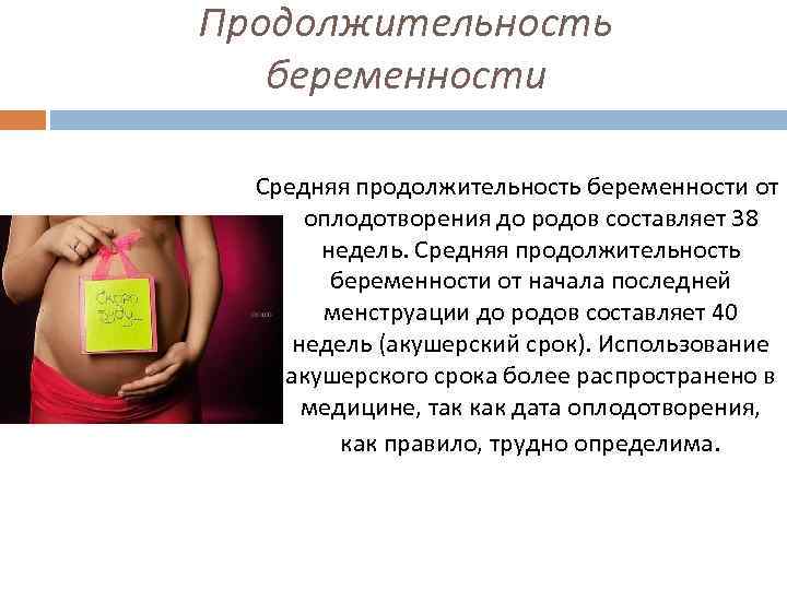 Продолжительность беременности Средняя продолжительность беременности от оплодотворения до родов составляет 38 недель. Средняя продолжительность