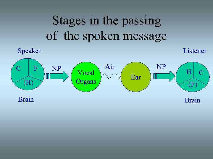 Stages in the passing of the spoken message Speaker C F (H) Brain Listener