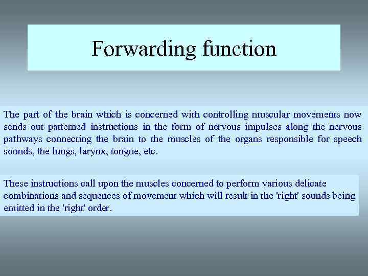 Forwarding function The part of the brain which is concerned with controlling muscular movements