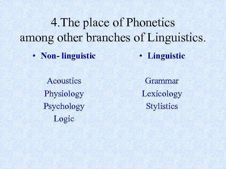 4. The place of Phonetics among other branches of Linguistics. • Non- linguistic •