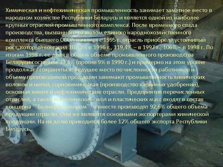 Химическая и нефтехимическая промышленность занимает заметное место в народном хозяйстве Республики Беларусь и является