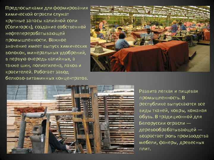 Предпосылками для формирования химической отрасли служат крупные запасы калийной соли (Солигорск), создание собственной нефтеперерабатывающей