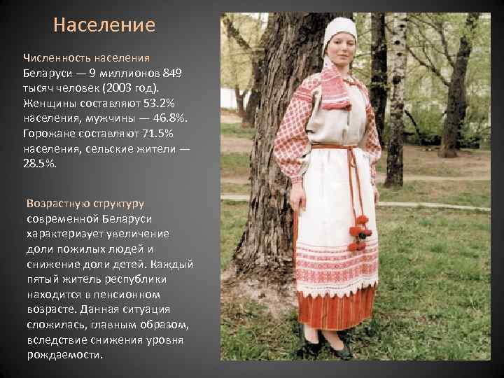 Население Численность населения Беларуси — 9 миллионов 849 тысяч человек (2003 год). Женщины составляют