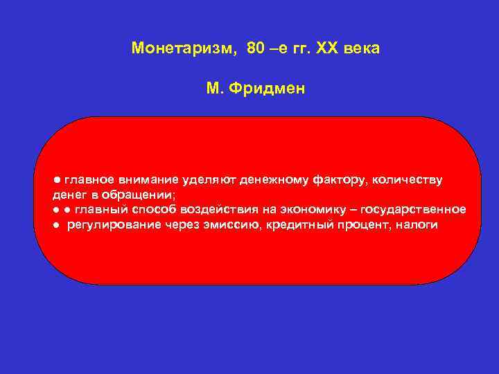 Монетаризм, 80 –е гг. XX века М. Фридмен ● главное внимание уделяют денежному фактору,