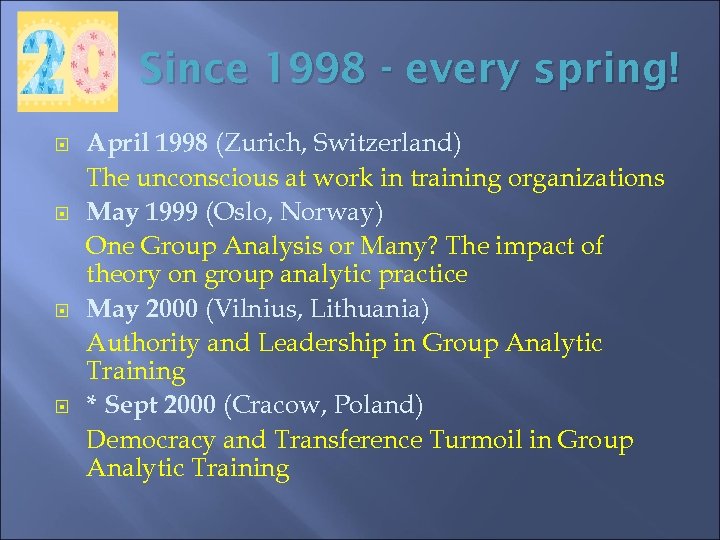 Since 1998 - every spring! April 1998 (Zurich, Switzerland) The unconscious at work in