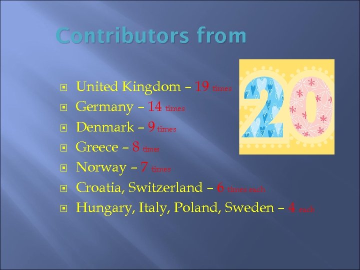 Contributors from United Kingdom – 19 times Germany – 14 times Denmark – 9