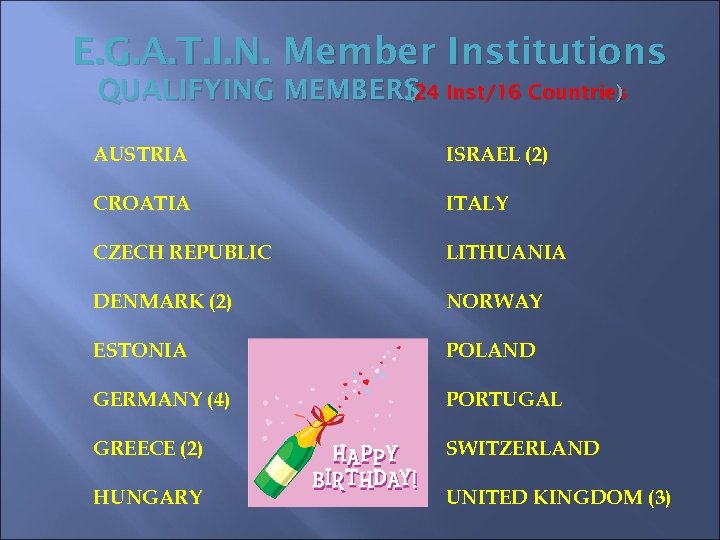 E. G. A. T. I. N. Member Institutions QUALIFYING MEMBERS Inst/16 Countries (24 )