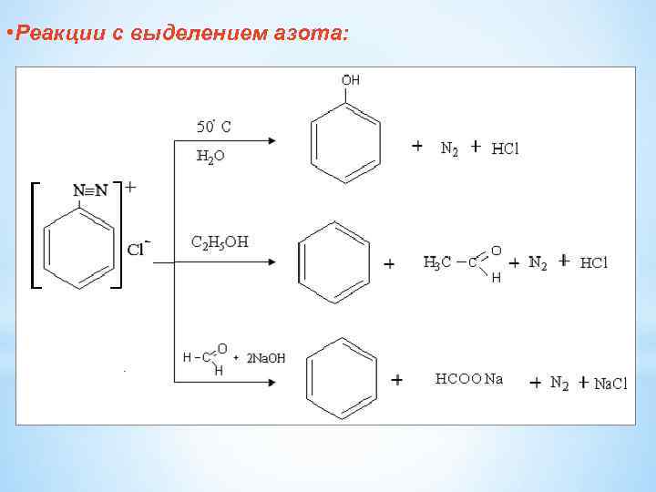  • Реакции с выделением азота: 