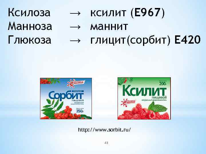 Ксилоза Манноза Глюкоза → ксилит (E 967) → маннит → глицит(сорбит) E 420 http: