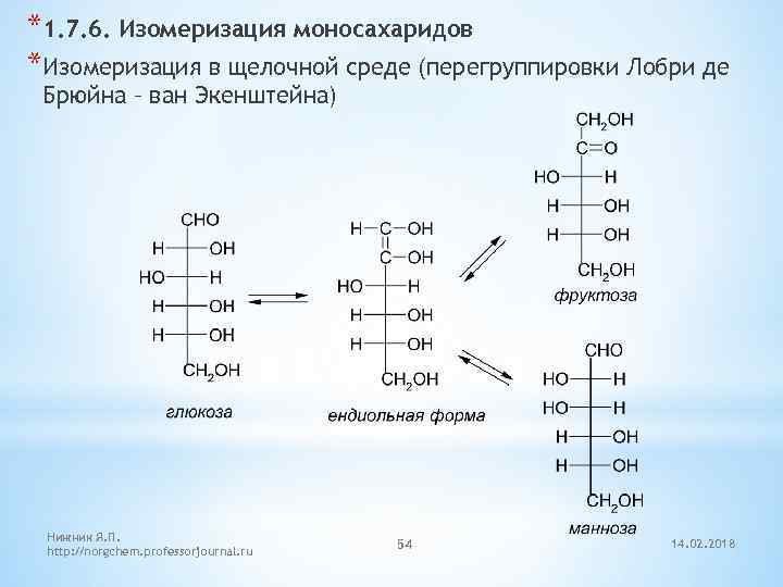 *1. 7. 6. Изомеризация моносахаридов *Изомеризация в щелочной среде (перегруппировки Лобри де Брюйна –