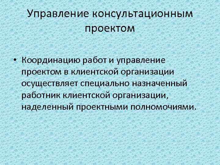 Управление консультационным проектом • Координацию работ и управление проектом в клиентской организации осуществляет специально