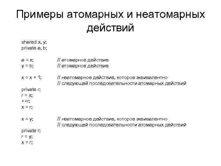 Примеры атомарных и неатомарных действий shared x, y; private a, b; a = x;