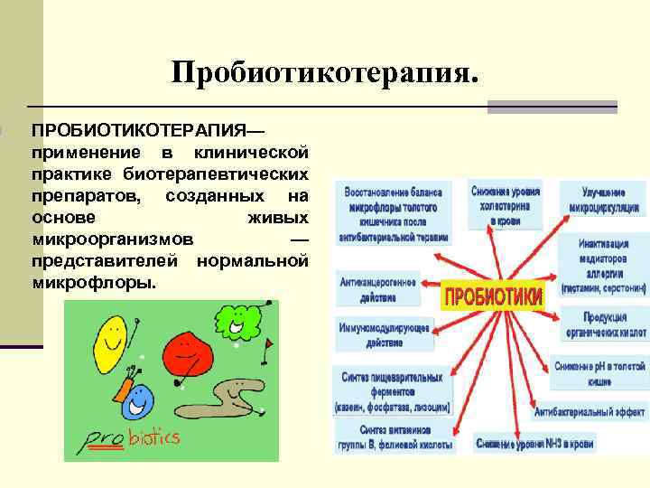 n Пробиотикотерапия. ПРОБИОТИКОТЕРАПИЯ— применение в клинической практике биотерапевтических препаратов, созданных на основе живых микроорганизмов