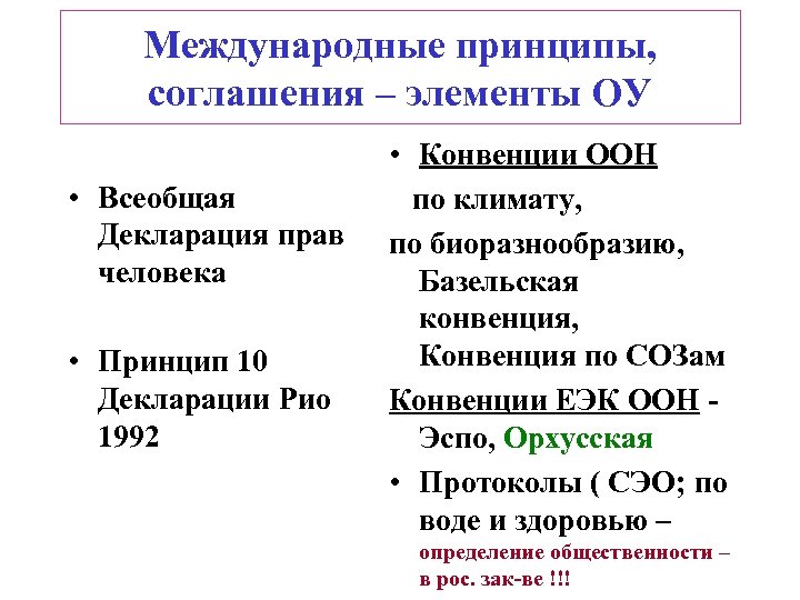 Международные принципы, соглашения – элементы ОУ • Всеобщая Декларация прав человека • Принцип 10