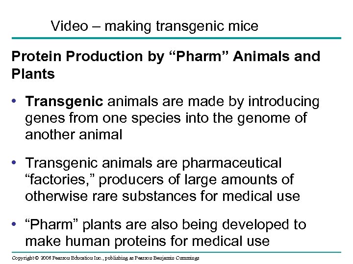 Video – making transgenic mice Protein Production by “Pharm” Animals and Plants • Transgenic
