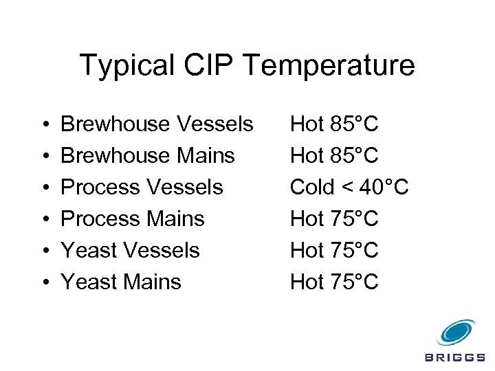 Typical CIP Temperature • • • Brewhouse Vessels Brewhouse Mains Process Vessels Process Mains