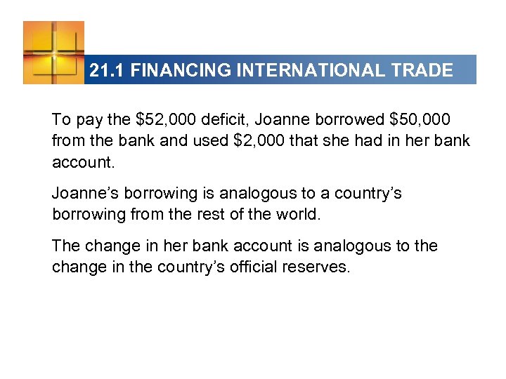 21. 1 FINANCING INTERNATIONAL TRADE To pay the $52, 000 deficit, Joanne borrowed $50,
