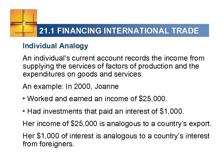 21. 1 FINANCING INTERNATIONAL TRADE Individual Analogy An individual’s current account records the income