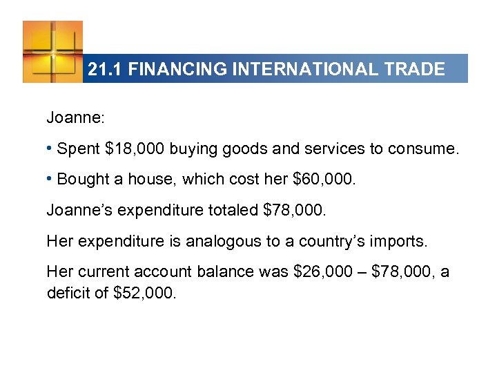 21. 1 FINANCING INTERNATIONAL TRADE Joanne: • Spent $18, 000 buying goods and services