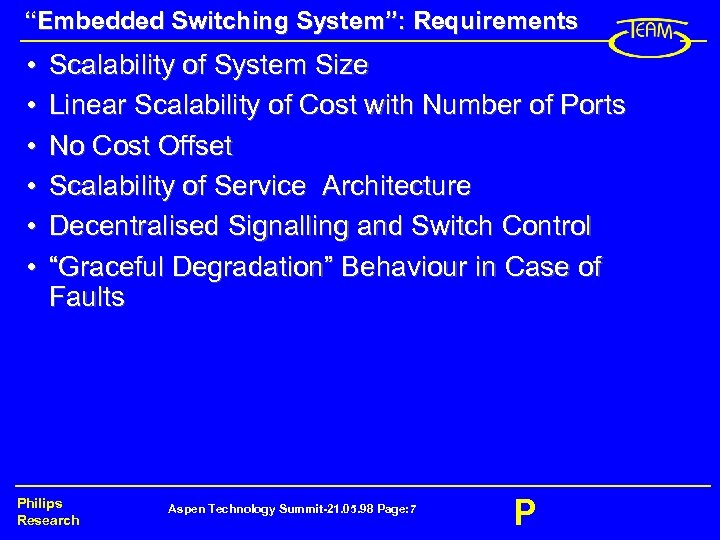 “Embedded Switching System”: Requirements • • • Scalability of System Size Linear Scalability of