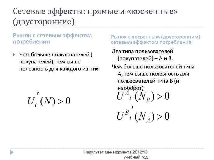 Сетевые эффекты: прямые и «косвенные» (двусторонние) Рынок с сетевым эффектом потребления Чем больше пользователей