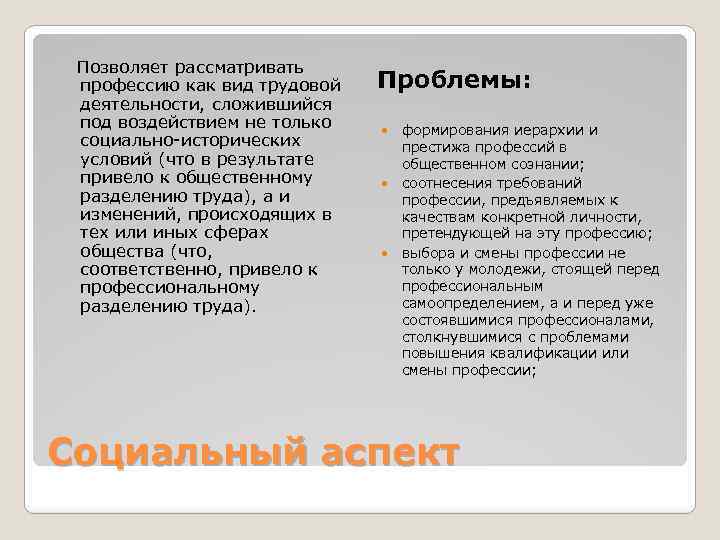 Позволяет рассматривать профессию как вид трудовой деятельности, сложившийся под воздействием не только социально-исторических условий