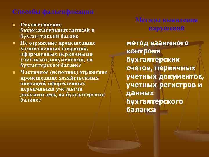 Способы фальсификации n n n Осуществление бездоказательных записей в бухгалтерский баланс Не отражение происшедших