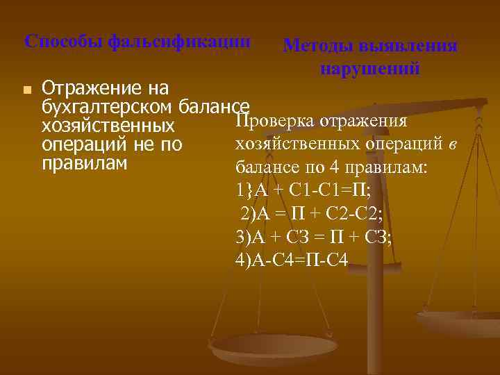 Способы фальсификации n Методы выявления нарушений Отражение на бухгалтерском балансе Проверка отражения хозяйственных операций