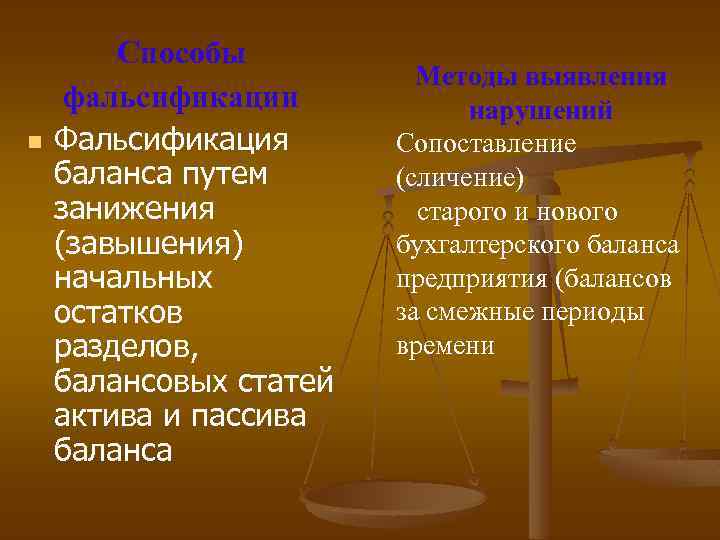 n Способы фальсификации Фальсификация баланса путем занижения (завышения) начальных остатков разделов, балансовых статей актива