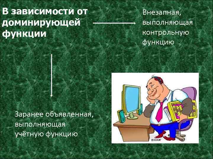 В зависимости от доминирующей функции Заранее объявленная, выполняющая учётную функцию Внезапная, выполняющая контрольную функцию