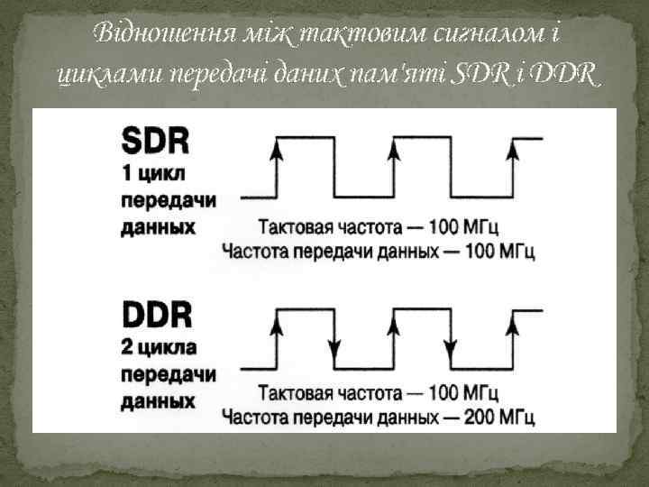 Відношення між тактовим сигналом і циклами передачі даних пам'яті SDR і DDR 